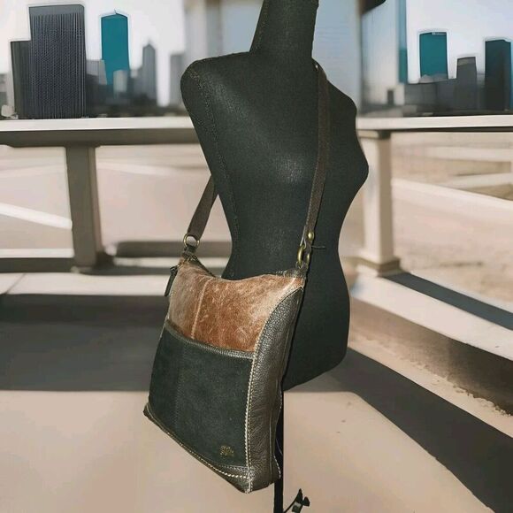 THE SAK Iris Patchwork Leather Metallic Brown Crossbody Shoulder Bag 10x11x2 - Picture 1 of 13